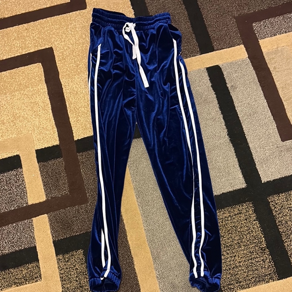 Forever 21 super cute Blue Velvet Joggers with White Stripes - size s